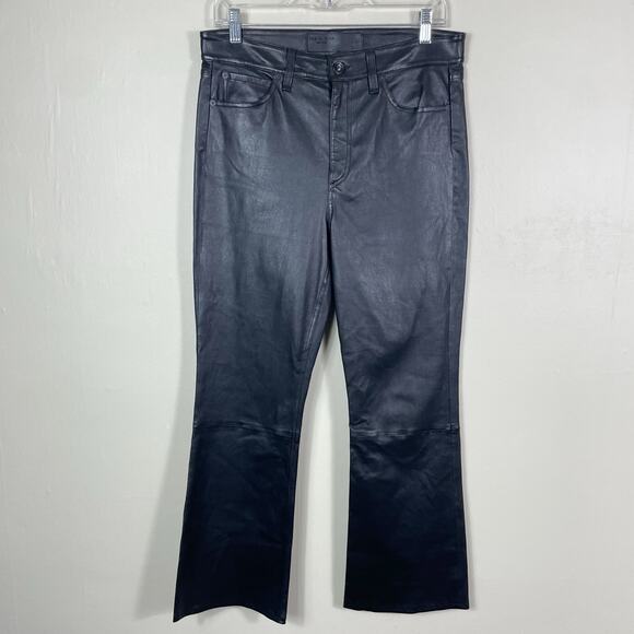 Rag & Bone Black High Waisted Slim Straight Ankle Crop Wren Lamb Leather Pants - Picture 2 of 12